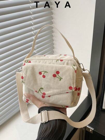 1 pieza Bolso de mano cuadrado mini con estampado de cereza minimalista, bolsillo exterior 3D, cierre con cremallera, correa de hombro larga ajustable, bolso cruzado ligero de poca capacidad, adecuado para uso casual diario y estudiantil de mujeres