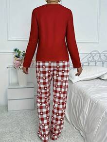 2pcs Casual Comfortable Heart Print Pajama Set, Red Plaid Long Sleeve Top And Pants Sleepwear - Red - View 4