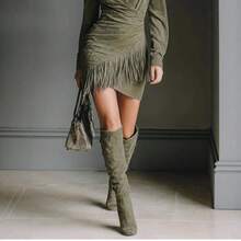 2025 Western Cowboy Style Suede Fringe Slim Fit Long Sleeve Dress - 深綠色 - 查看 4