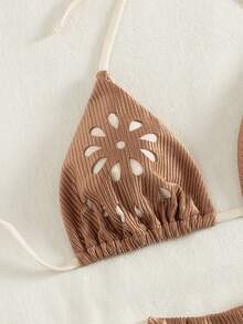 Conjunto de biquíni elegante com recortes e cores sólidas, estilo europeu e americano, com alças cruzadas nas costas para férias na praia. - Caqui - Ver 6