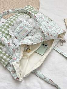 1 Stück süße Spitzen-Karo-Patchwork-Schultertasche, süße Karo-Cartoon-Muster Damen-Multifunktions-Handtasche, große Kapazität Handtasche, Schultertasche, Pendler-Tasche, Urlaubstasche, Damen-Mode-Handtasche, perfekt für Mädchen und weibliche College-Studentinnen zum Einkaufen und Reisen, perfekt für Urlaub und Festivals, Urlaubsgeschenk für beste Freundinnen - Verschiedenfarbig - Übersicht 7