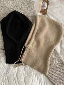 1pc Women's Grey Drawstring Balaclava Knit Face Neck Warmer Outdoor Ski Protective Hat Scarf Shawl, Suitable For Winter - Light Grey - View 5