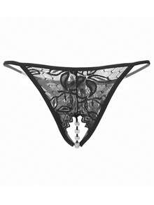 1pc Fashionable Sheer Embroidery Sexy Women Panties, Hollow-Out Pearl Massage Open Crotch Seamless Low Waist G-String Underwear, Sexy Lingerie And Sleepwear For Valentines Day, Going Out - Black - View 5
