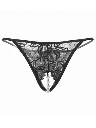 1pc able Doorschijnende Geborduurde Verleidelijke Women Panties, Hollow Out Pearl Massage Open Crotch Seamless Low Waist String Underwear, Lingerie Sleepwear Valentines Day, Going view 5