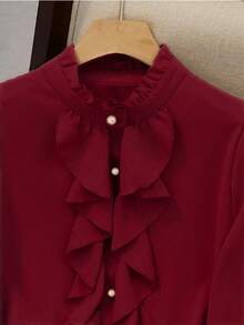 Áo kiểu nữ thanh lịch tay dài cổ đứng cài cúc phía trước, bèo nhún, chất liệu polyester, thích hợp cho mùa xuân. - Màu Đỏ Sâu - Xem 4