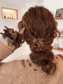 2个/1个波西米亚豹纹小熊毛绒发圈，优雅高马尾发绳，发饰，发圈，橡皮筋，发绳