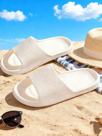 Ladies' Minimalist White Cloud-Style Slippers - Featuring An Ultra-Soft One-Piece Sole, A Non-Slip Cushioning Insole, And All-Day Comfort. Ideal For Indoor Lounging Areas, Bathrooms, Outdoor Terraces, And Beach Trips In Summer. The Simple, Pure-Color Design Pairs Well With Casual Attire, And The Breathable Open-Toe Design Prevents Sweat. Made Of Lightweight EVA Material