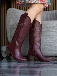 Botas vaqueras vintage con tacón alto y grueso bordadas para mujer de caña alta adecuadas para verano otoño invierno estilo retro y de punta puntiaguda Botas western perfectas para looks Boho Chic - Vino - Ver 3