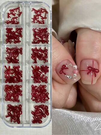 12Grids 圣诞蝴蝶结美甲饰品 红色蝴蝶结 3D 美甲水钻设计 美甲用品 可爱美甲饰品 美甲配件 女士美甲 DIY 珠宝装饰