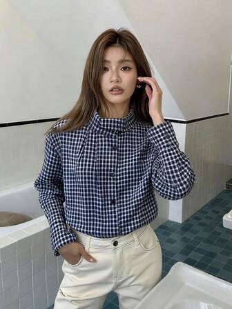 Plaid Front Button Collar Long Sleeve Casual Shirt