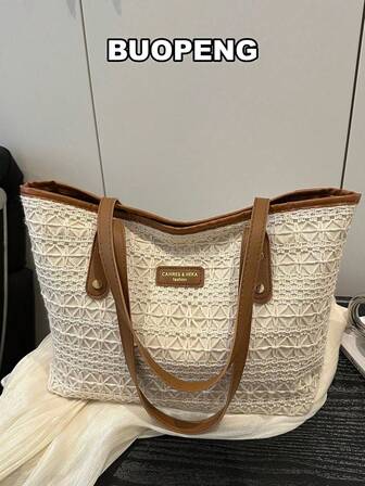 Bolsas Tecidas de Grande Capacidade Estilo Campus Europeu Americano para Mulheres, Bolsas de Ombro, Bolsas Transversais para Verão, Bolsas Tote Colorblock da Moda para Praia, Compras, Passeios Casuais