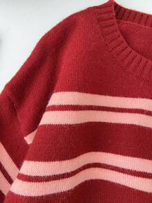 1 pieza Suéter holgado de punto de cuello redondo casual con rayas y contraste de color para mujer, jersey amplio, versátil y minimalista de manga larga - Multicolor - Ver 6