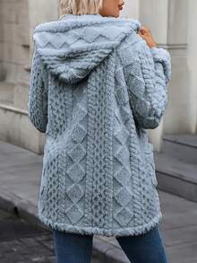 New Year Christmas Elegant Artificial Blue Fur Hooded Women's Cardigan - Long Sleeve, Pocket Button Mid Length Winter Coat, Warm And Fashionable Autumn/Winter Coat, Comfortable Clothing | Button Cardigan | Structured Design - 藍色 - 查看 2