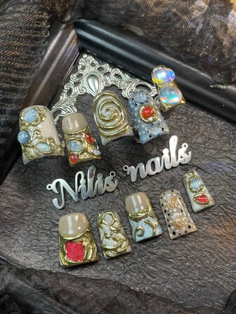 10pcs Duck Nails Set, Silver&Blue Apricot Cat Eyes, Champagne French Manicure,3D Water Drop&Jewelry Nail Art Accessories Decorations,Hand Painted Metal Geometric Pattern&Spot Pattern Design,Patterns In Y2K Style Nails Wearable Nail Art Set,Suitable For Women To Wear Daily,Parties Wear (Includes:A Piece Of Jelly Glue And A Friction Strip)Nail Supplies Nails