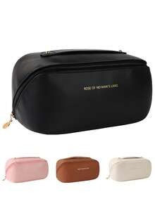1pc Travel Makeup Bag, Large Capacity Women's Makeup Bag, Waterproof Portable Bag, Open Flat Wash Bag, Patterned Makeup Bag - Black - View 3