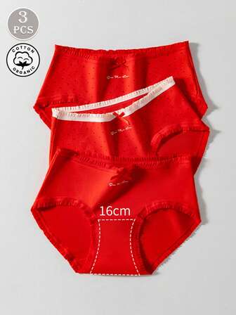 3条装红色蕾丝边纯棉女士内裤，可爱蝴蝶结装饰，透气弹力低腰三角裤