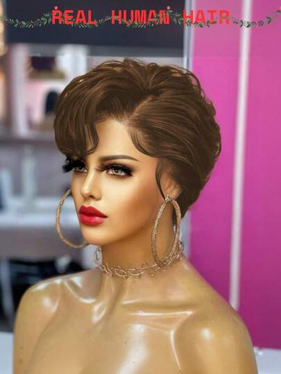 Women's Pixie Short Human Hair Wig, T-Part Lace Front, 6 Inch Chocolate Brown, No Glue Needed, 13*4*1 Side Part Bangs, Brazilian Virgin Straight Hair, 13x4x1 Lace Area, Short Layered Wig, Suitable For Daily Wear, Wear And Go.
