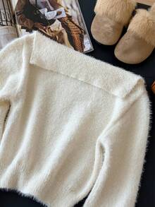 1 pieza Suéter sexy de un hombro de unicolor, con ribete acanalado, de manga larga, de punto, de talla ajustada y de longitud corta, versátil - Albaricoque - Ver 5