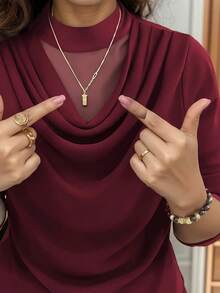 2025秋冬大码女式长袖立领休闲修身T恤，层叠网纱装饰，优雅百搭，春季必备 - 酒紅色 - 查看 8