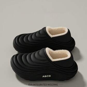 2025 New Letter Print Men's Thermal Slippers, Closed Toe, Indoor Anti-Slip Warm Waterproof Couple Slippers, Comfortable For Outdoor Wear