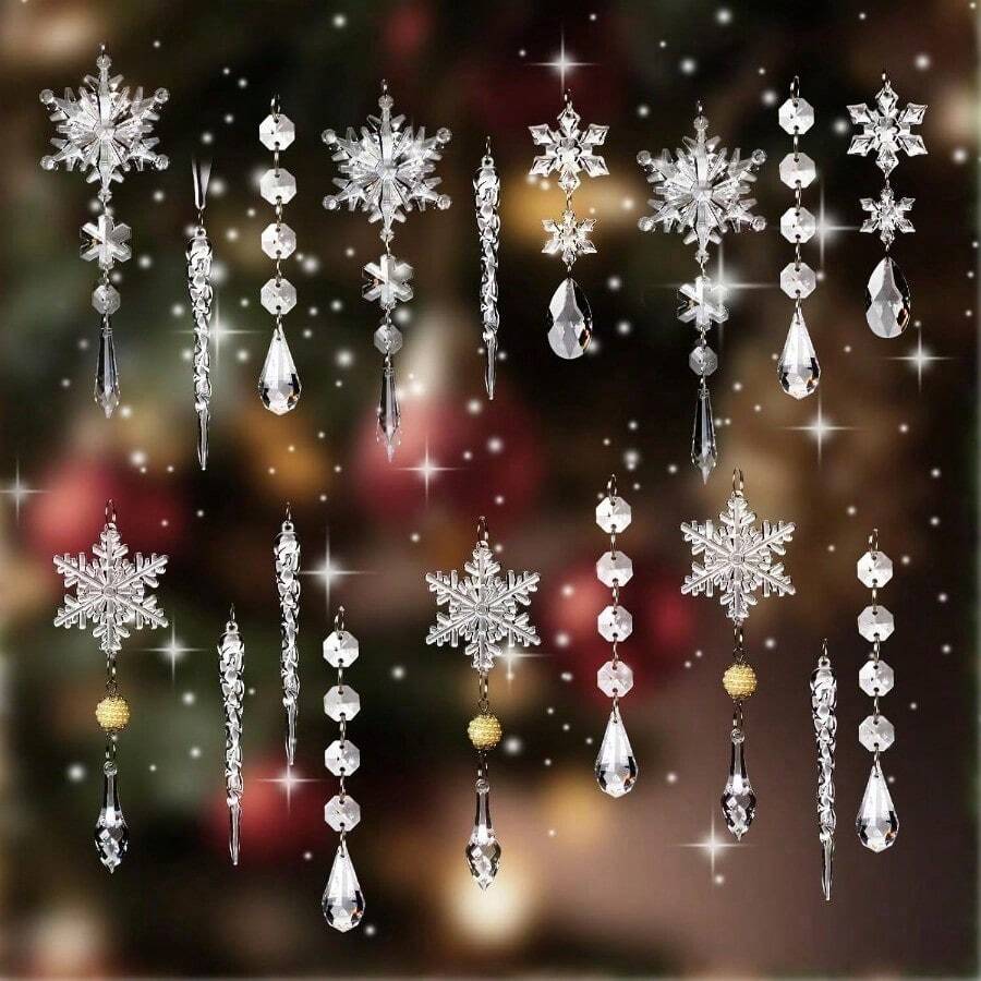 yAdornos para Arbol de Navidad 18Pcs Acrilico Copos de Nieve Carambano y Gotas Colgantes Navideños Cristal Decoracion para Árbol Navideño Color Transparente - Color transparente - Ver 1