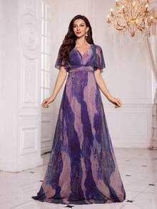 UNITHORSE [随机剪裁] 女士V领荷叶边袖亮片露背优雅晚会伴娘礼服 - 紫色 - 查看 4