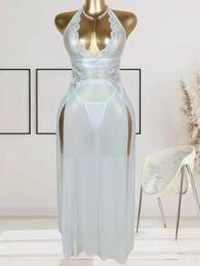 Sexy Bridal Gown Pajamas, Fairy Pajamas, Intimate Fancy Transparent Clothing For Women, Black See-Through Underwear.Women's Sexy Transparent Backless Pajamas, Lace Splicing, Deep V Alluring Bathrobe, With Comfortable Texture And Homewear. - 白色 - 查看 1