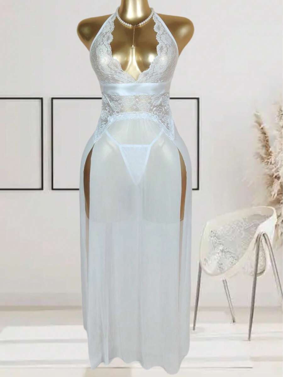 Sexy Bridal Gown Pajamas, Fairy Pajamas, Intimate Fancy Transparent Clothing For Women, Black See-Through Underwear.Women's Sexy Transparent Backless Pajamas, Lace Splicing, Deep V Alluring Bathrobe, With Comfortable Texture And Homewear. - 白色 - 查看 1