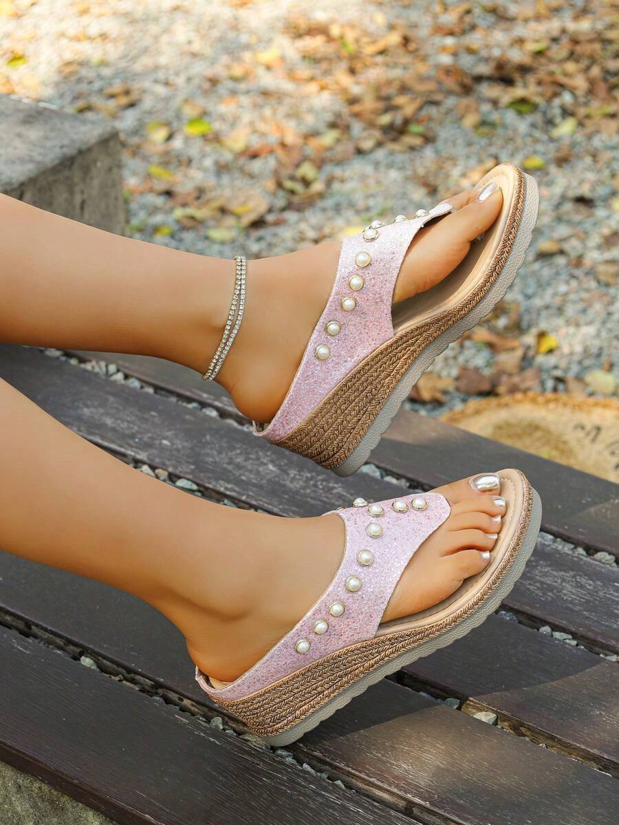 2026 New Women's Rivet Decor Sandals, Bohemian Style Fashion Wedge Heels, Summer Open Toe Slip-On High Heel Shoes, Suitable For Party, Date, Wedding And Many Occasions, Design - Baby Pink - View 1