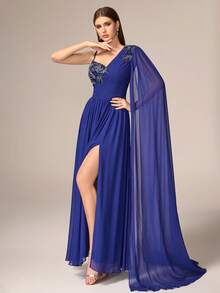 VIPGIRL 优雅奢华女士长款雪纺晚礼服，不对称领口饰有串珠细节，飘逸袖子和层叠下摆。 - 湖藍色 - 查看 6