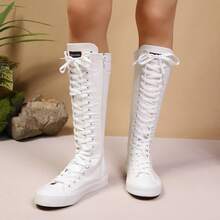 love ycodo Women & Girls Student Canvas Flat Over-The-Knee Boots, Side Zipper, Suitable For Dresses, Jeans, Parties, Cheerleading - White - View 5