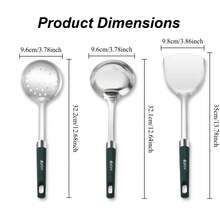 3pcs 304 Stainless Steel Green Kitchen Cooking Tools Set, Includes Spatula, Ladle, Suitable For Frying, Flipping - Multicolor - View 2