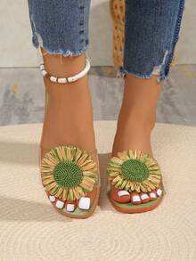 绿色女士平底凉鞋，纯色可爱仙女图案PU皮革贴花女士平底凉鞋，适合度假、派对、海滩、户外活动、春夏季穿着 - 綠色 - 查看 13