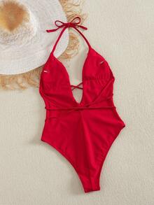 Vestido de praia moderno, modelo explosão europeu e americano, vermelho sólido, sem costas, com amarração nas costas e cadarço, feito à mão, para férias em resorts de praia. - Vermelho - Ver 2