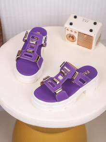 1 par de zapatillas de cuero sintético con suela gruesa para niños, de estilo minimalista y de moda, adecuadas para el verano - Morado - Ver 4