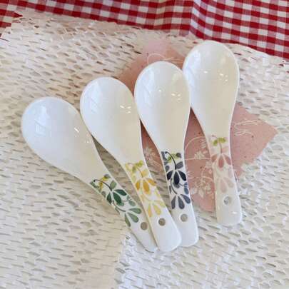 4/8pcs Ceramic Spoons With Floral Pattern, 5.5 Inch, Underglaze Colored, Multipurpose For Soup, Porridge, Meal, Milk, Easy To Clean, Dishwasher , Kitchen Utensils