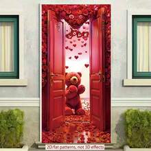 2D Flat, 1pc Red Valentine Bear Room Door Rose Banner, Polyester Door Cover, Room Decoration, Party Banner, Holiday Decoration, Party Supplies, Interior Decoration. - 1PCS - View 6