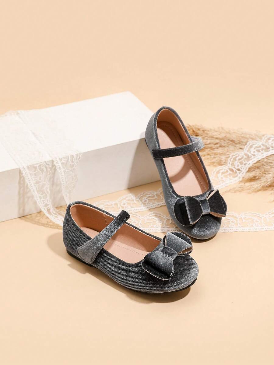 Girl's Simple Velvet Bow Shoes, Suitable For Autumn/Winter Everyday Wear - Grey - View 1