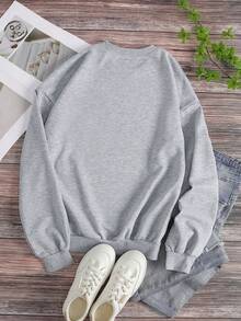 Plus Size Women's Street Fashion, Arizona Themed Graphic Print, Loose Long Sleeve Crew Neck Sweatshirt, Fun Style, Solid Color Crew Neck Sweatshirt For Girls, Suitable For Daily Wear, Outings, Parties, School, Music Festivals, Vacations, Commuting. Can Be Given As A Gift To Family, Boyfriend, Girlfriend, Friends, Sweatshirt, Winter Wear, Women's Pullover, Girls' Pullover - Grey - View 5