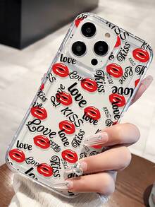 1pc Fashionable Personalized Red Lip & Letter Pattern Transparent TPU Airbag Shock-Absorbing Phone Case Compatible With IPhone 16/16Pro/16Plus/15/15ProMax/15Pro/11/12/13/14ProMax/12Mini/13Mini/11Pro/11ProMax/12Pro/12ProMax/13Pro/13ProMax/14Pro/14ProMax, Soft Case With Elegant Feel - Multicolor - View 1