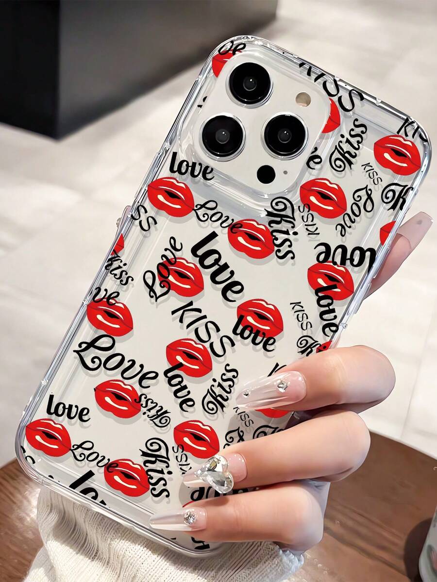 1pc Fashionable Personalized Red Lip & Letter Pattern Transparent TPU Airbag Shock-Absorbing Phone Case Compatible With IPhone 16/16Pro/16Plus/15/15ProMax/15Pro/11/12/13/14ProMax/12Mini/13Mini/11Pro/11ProMax/12Pro/12ProMax/13Pro/13ProMax/14Pro/14ProMax, Soft Case With Elegant Feel - Multicolor - View 1
