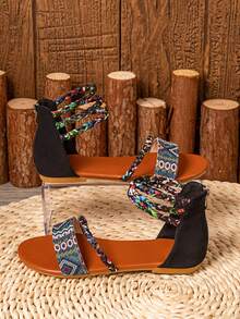 Cross-Strap Bohemian Style Embroidered Retro Open Toe Sandals For Women, Summer New Arrival - Black - View 8