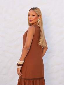 Women's Long Dress With Lace And Side Cutout - Camel - View 7