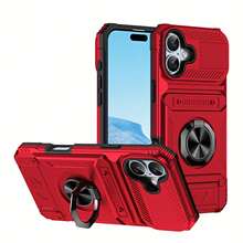 Fundas de teléfono duraderas con soporte metálico, ranura para tarjeta y compartimento oculto para tarjetas, compatibles con  17, 17 Air, 17 Pro y 17 Pro Max, 16/16 Pro/16 Plus/16 Pro Max/15/15 Pro/15 Plus/15 Pro Max/14/14 Plus/14 Pro/14 Pro Max/13/13 Pro/13 Pro Max. Cubierta dura de PU + interior de silicona suave, doble protección más resistente a caídas, con soporte giratorio de 360°, diseño aerodinámico, para entusiastas de la tecnología. - Rojo - Ver 2