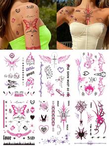 STARTTOOS 6pcs Pink Y2K Sweet & Edgy Butterfly Wings Spider Flame Star Heart Pattern DIY Wrist Ankle Shoulder Neck Collarbone Daily Party Holiday Gift Realistic Temporary Tattoo Stickers - Multicolor - View 1