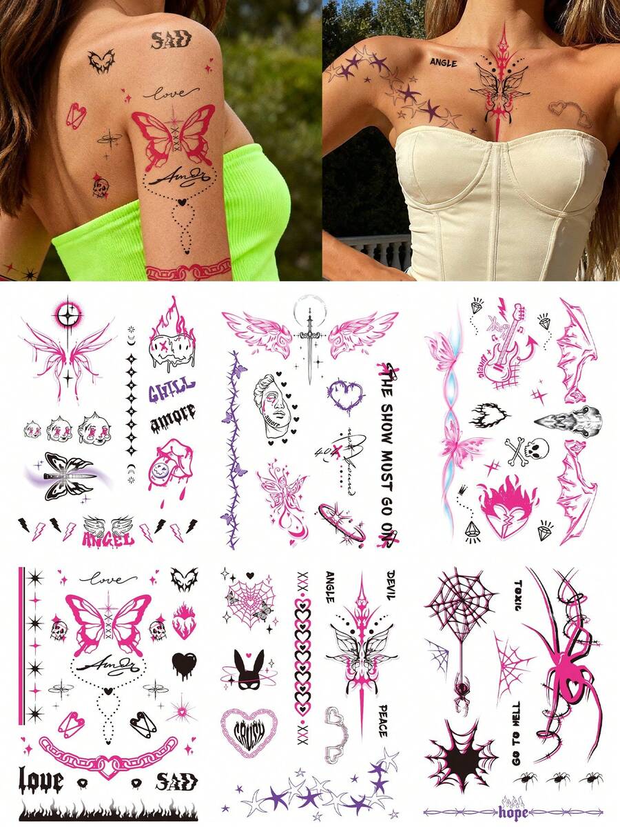 STARTTOOS 6pcs Pink Y2K Sweet & Edgy Butterfly Wings Spider Flame Star Heart Pattern DIY Wrist Ankle Shoulder Neck Collarbone Daily Party Holiday Gift Realistic Temporary Tattoo Stickers - Multicolor - View 1