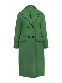 大码女式休闲羊毛混纺翻领长袖保暖通勤优雅长款外套，秋冬款 - 綠色 - 查看 6