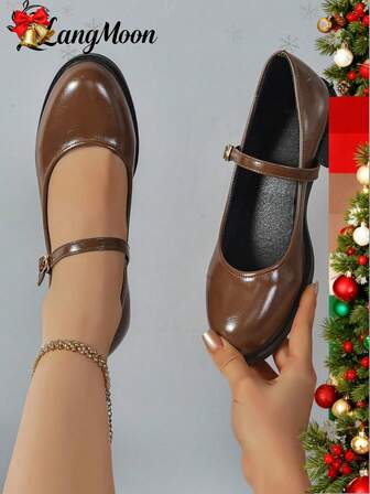 2025秋冬新品畅销棕色优质皮革质感扣纯色时尚！厚底舒适高跟休闲百搭粗跟女式玛丽珍鞋，优雅可爱性感校园/通勤风格，女性运动厚底休闲鞋适合日常穿着，学校，派对，聚会，夜总会，万圣节，圣诞节，