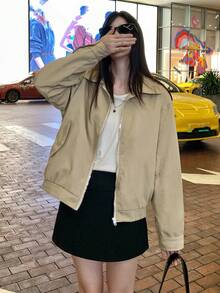 Áo khoác tiện dụng ngắn cho nữ, Áo khoác bóng chày cổ đứng giản dị phong cách mới - Màu Khaki - Xem 1