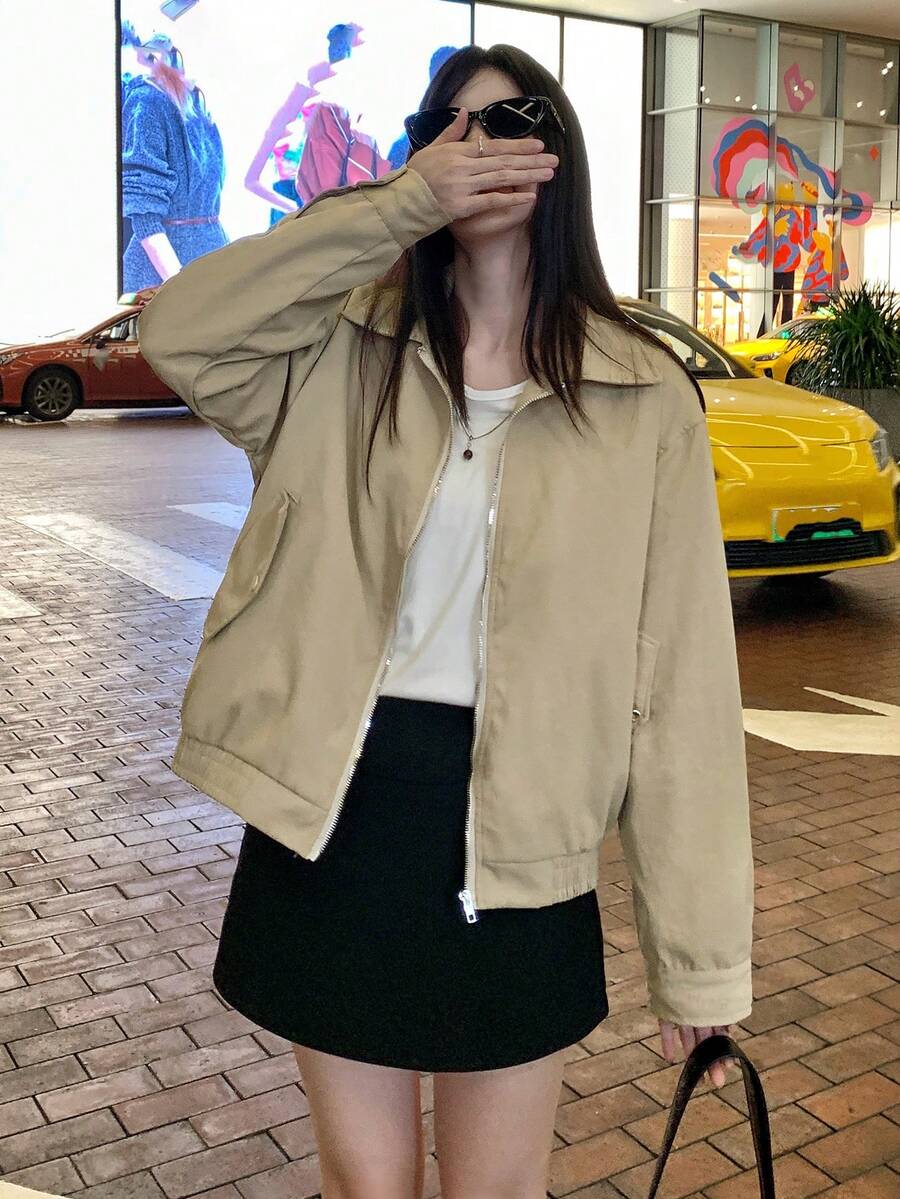 Áo khoác tiện dụng ngắn cho nữ, Áo khoác bóng chày cổ đứng giản dị phong cách mới - Màu Khaki - Xem 1